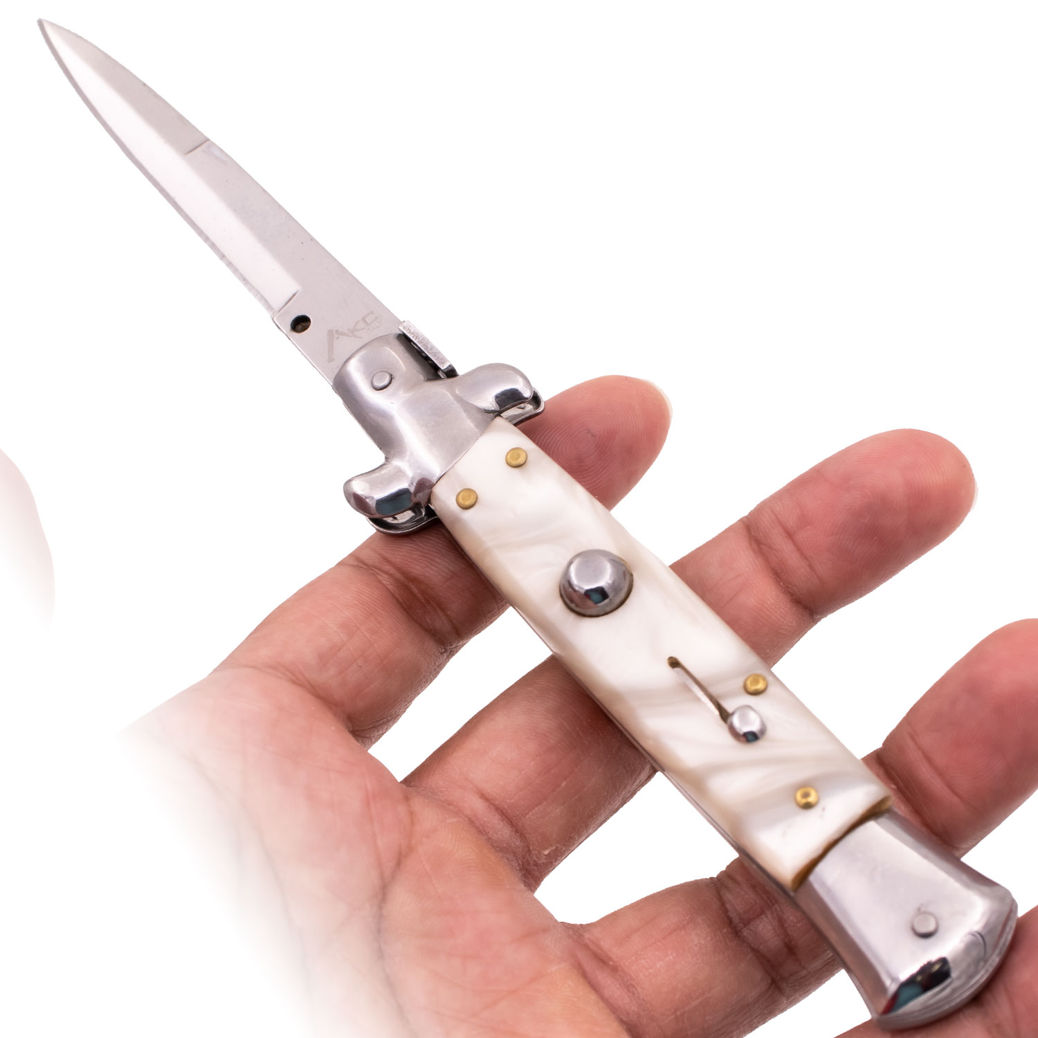 AKC 9 Inch Automatic Stiletto Italiano Button Push Knife (White Pearl)